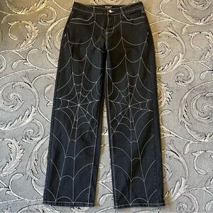 Hot Topic wide leg black jeans with White spiderweb embroidery size 30x32